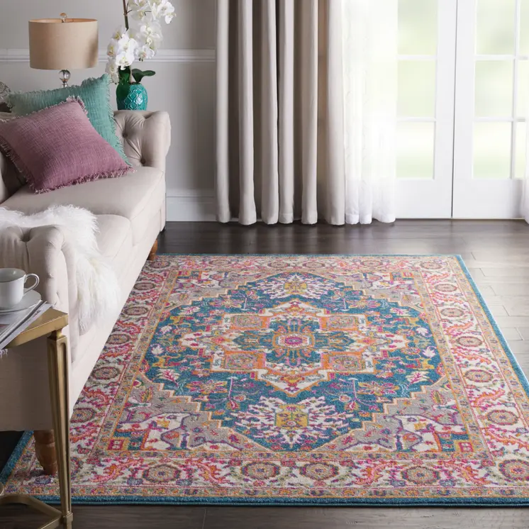 5' X 7' Teal And Ivory Medallion Distressed Area Rug