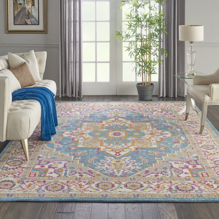 7' X 10' Teal And Ivory Medallion Distressed Area Rug