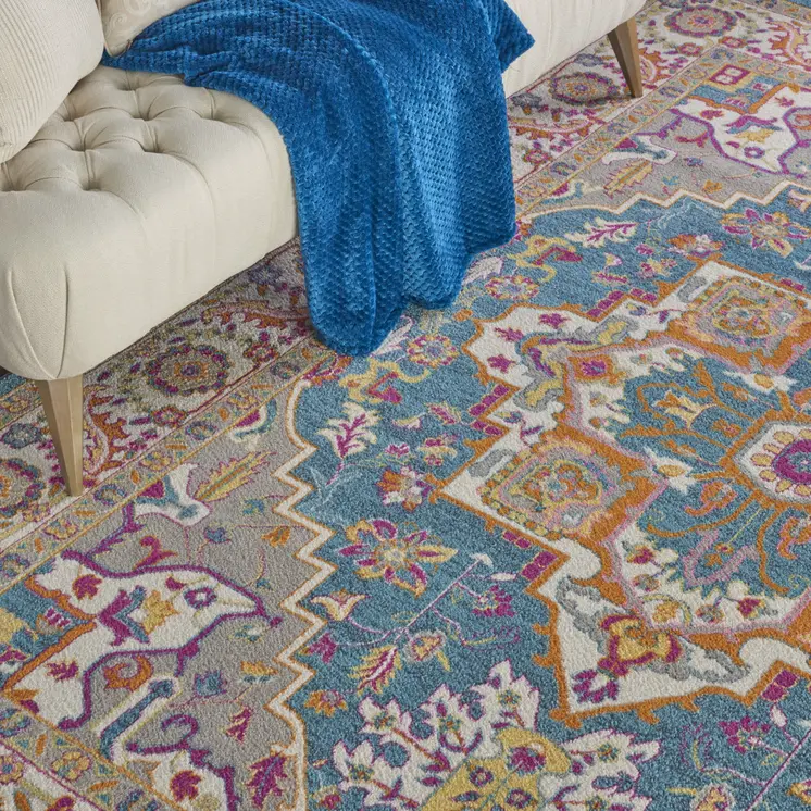7' X 10' Teal And Ivory Medallion Distressed Area Rug
