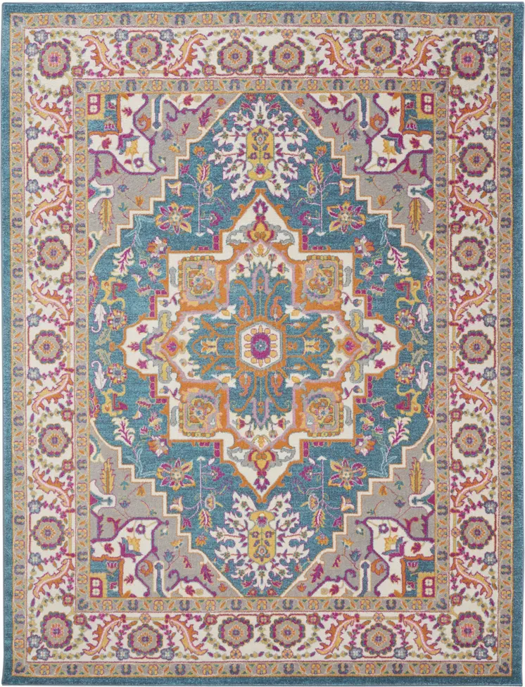 7' X 10' Teal And Ivory Medallion Distressed Area Rug