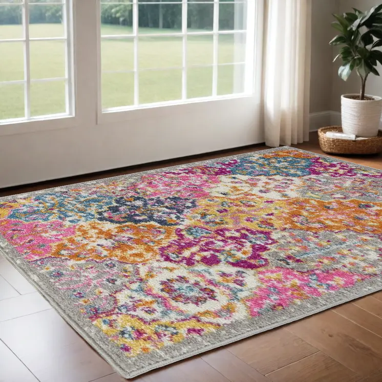 2' X 3' Gray And Ivory Geometric Distressed Area Rug
