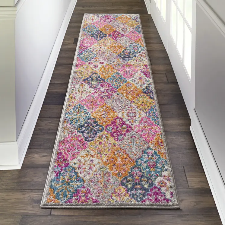 8' Gray And Ivory Geometric Distressed Runner Rug