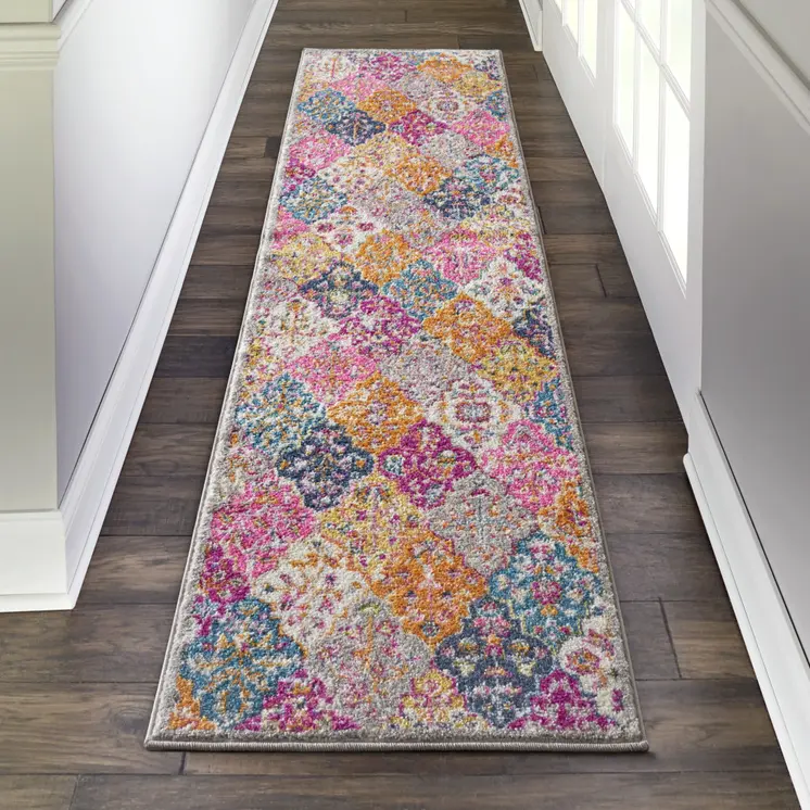 8' Gray And Ivory Geometric Distressed Runner Rug