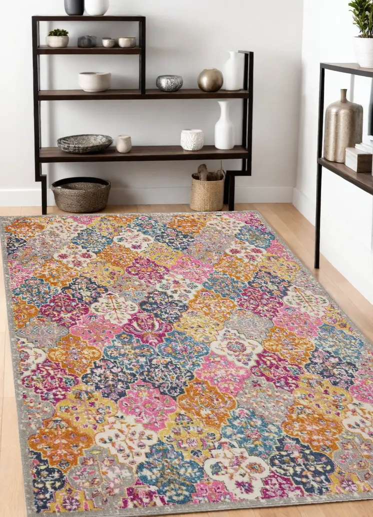 4' X 6' Gray Blue And Orange Quatrefoil Distressed Area Rug
