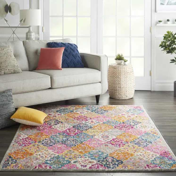 4' X 6' Gray Blue And Orange Quatrefoil Distressed Area Rug