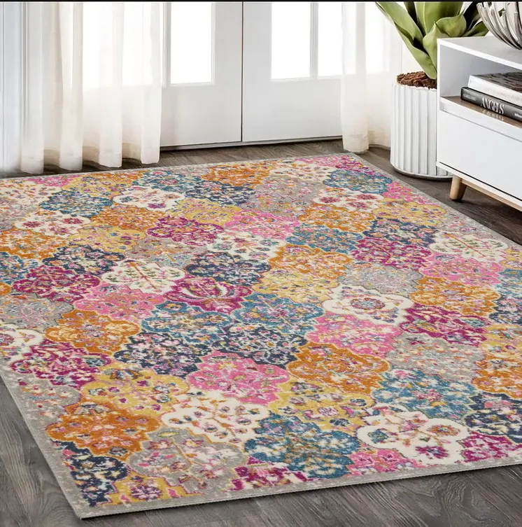 5' X 7' Gray Blue And Orange Quatrefoil Distressed Area Rug