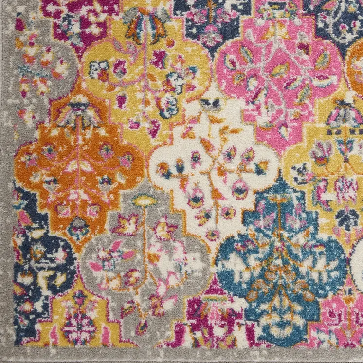 5' X 7' Gray Blue And Orange Quatrefoil Distressed Area Rug