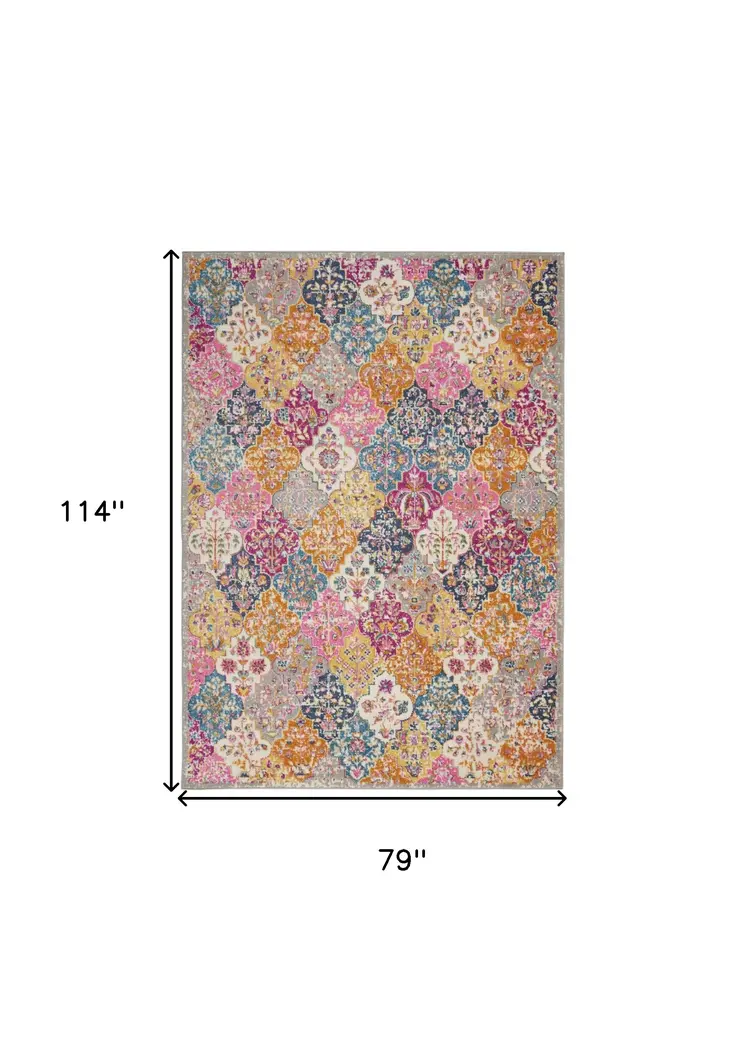 7' X 10' Gray Blue And Orange Quatrefoil Distressed Area Rug
