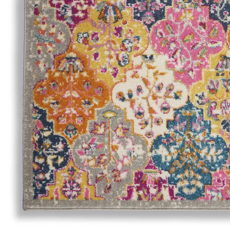 7' X 10' Gray Blue And Orange Quatrefoil Distressed Area Rug