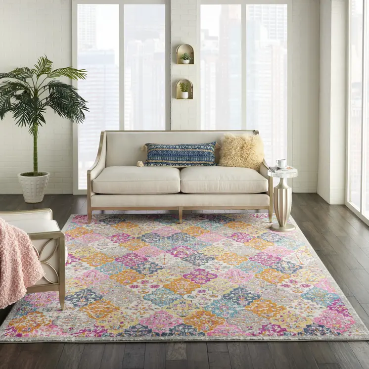 7' X 10' Gray Blue And Orange Quatrefoil Distressed Area Rug