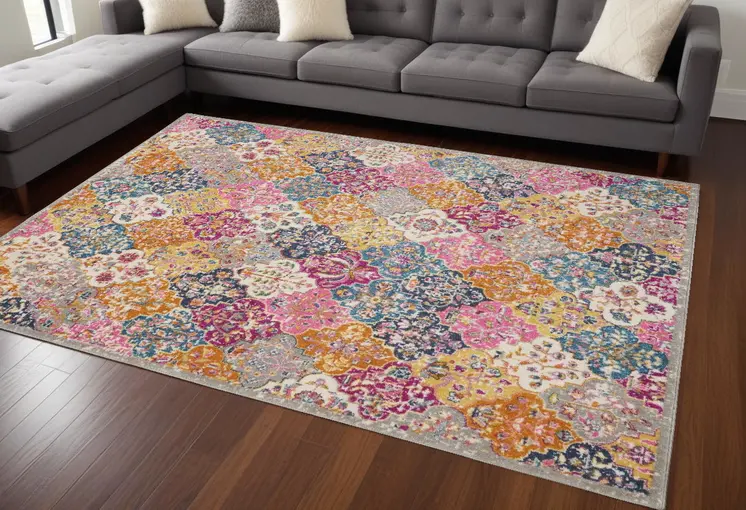 8' X 10' Gray Blue And Orange Quatrefoil Distressed Area Rug