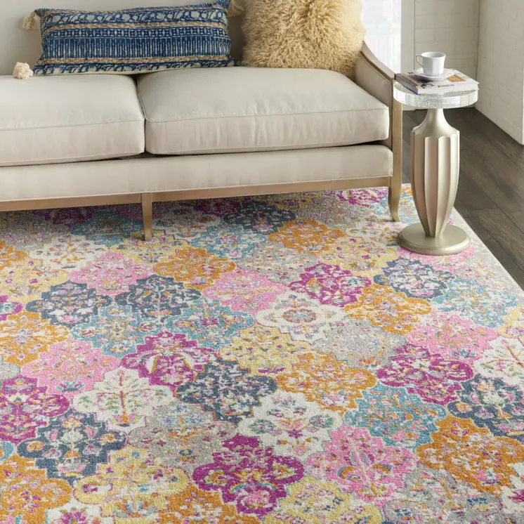 8' X 10' Gray Blue And Orange Quatrefoil Distressed Area Rug