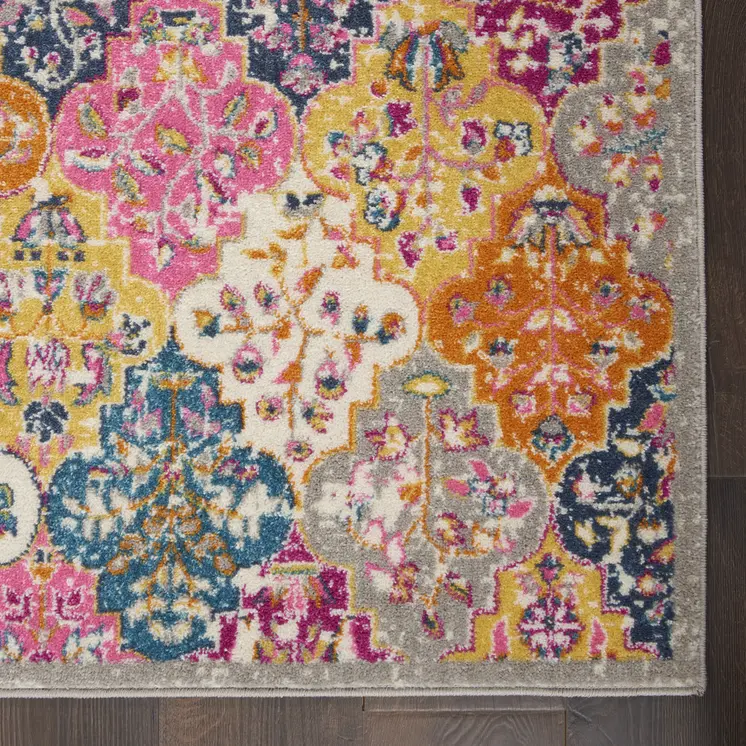 8' X 10' Gray Blue And Orange Quatrefoil Distressed Area Rug