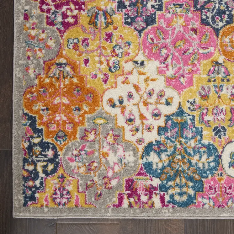 8' X 10' Gray Blue And Orange Quatrefoil Distressed Area Rug