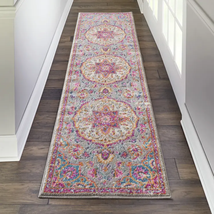 6' Gray And Ivory Medallion Runner Rug