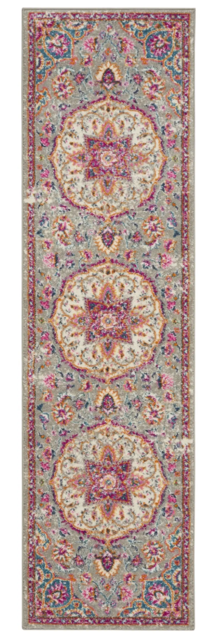6' Gray And Ivory Medallion Runner Rug