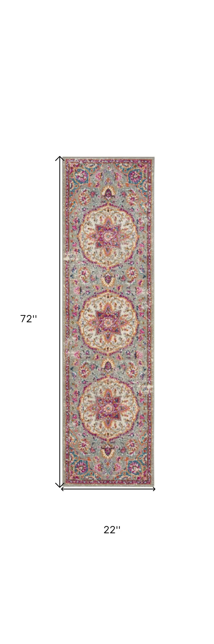 6' Gray And Ivory Medallion Runner Rug