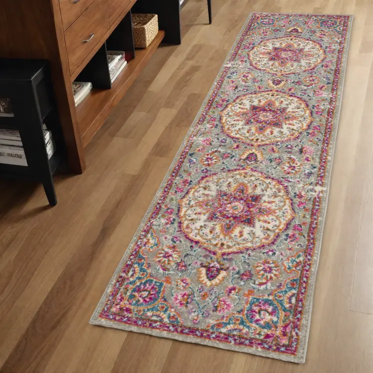 6' Gray And Ivory Medallion Runner Rug