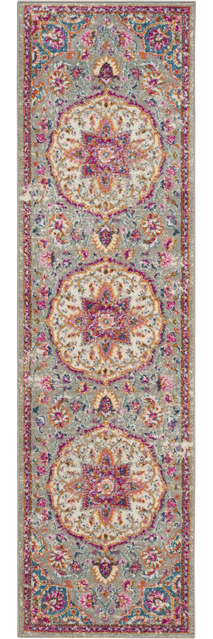 8' Gray And Ivory Medallion Runner Rug