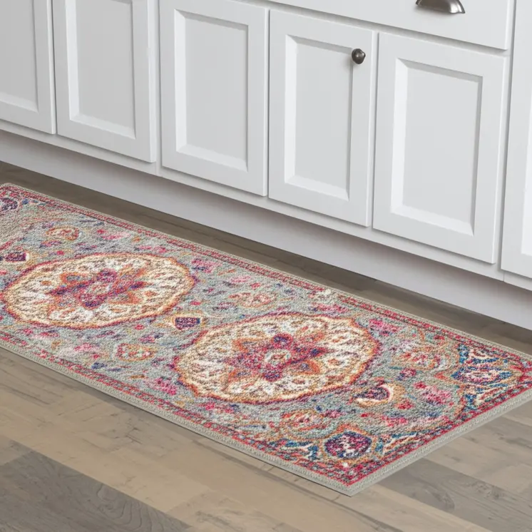 8' Gray And Ivory Medallion Runner Rug
