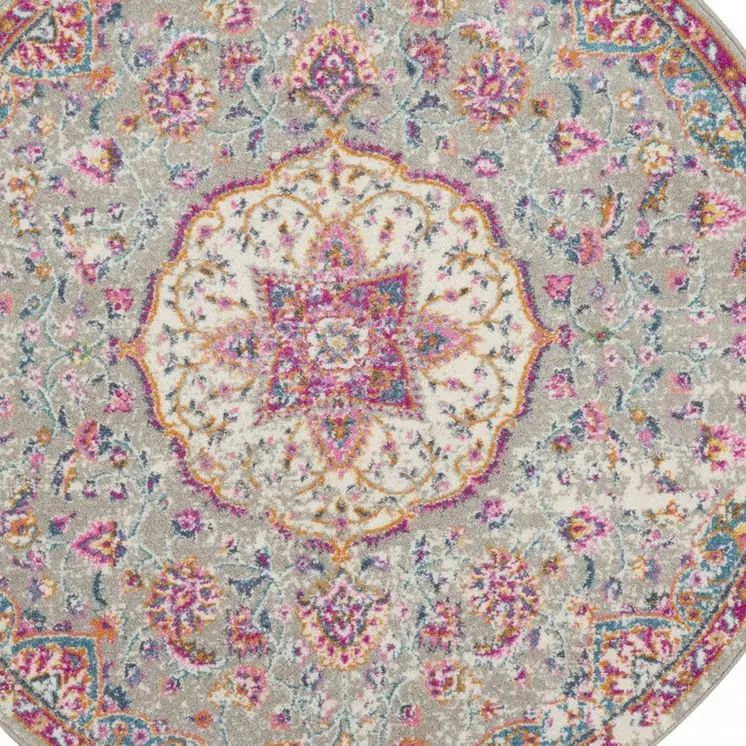 4' Gray And Ivory Medallion Round Rug