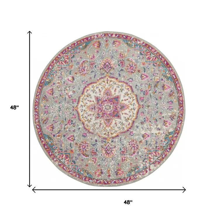 4' Gray And Ivory Medallion Round Rug