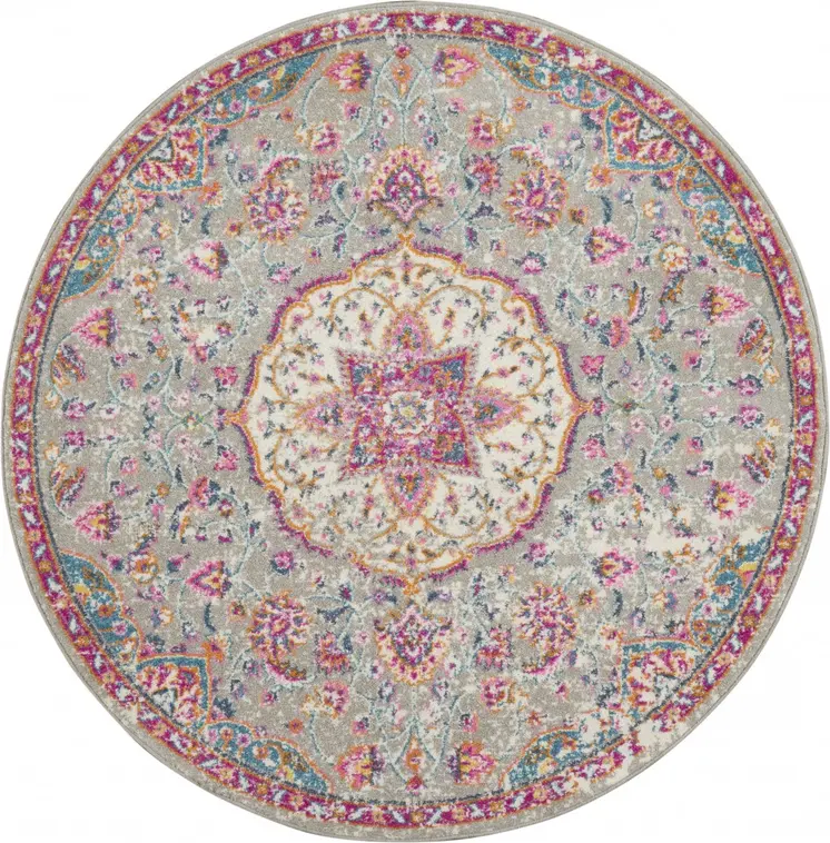 4' Gray And Ivory Medallion Round Rug