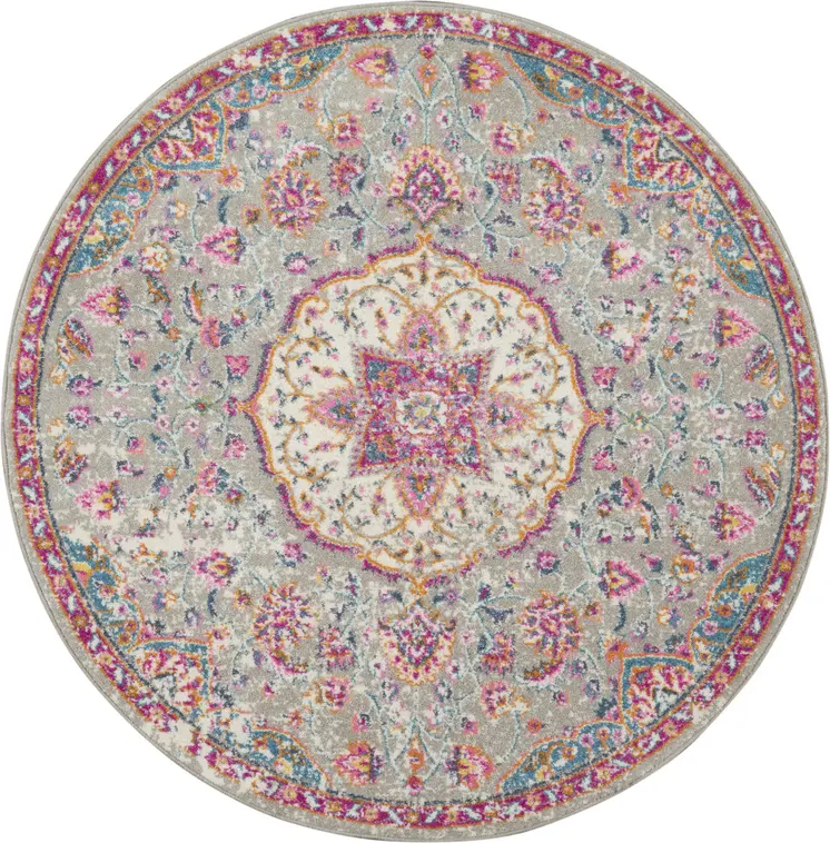 4' Gray And Ivory Medallion Round Rug