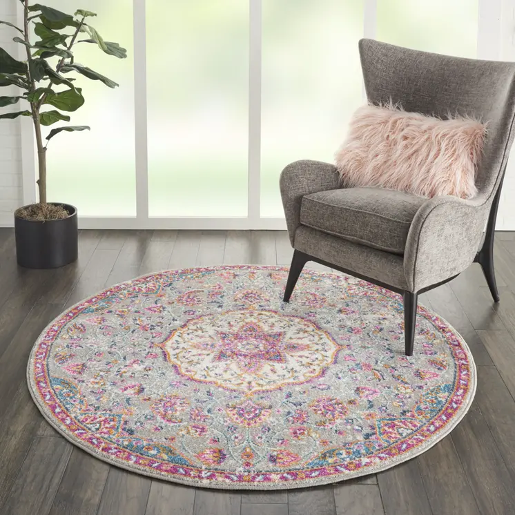 5' Gray And Pink Medallion Round Rug