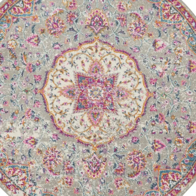 5' Gray And Pink Medallion Round Rug