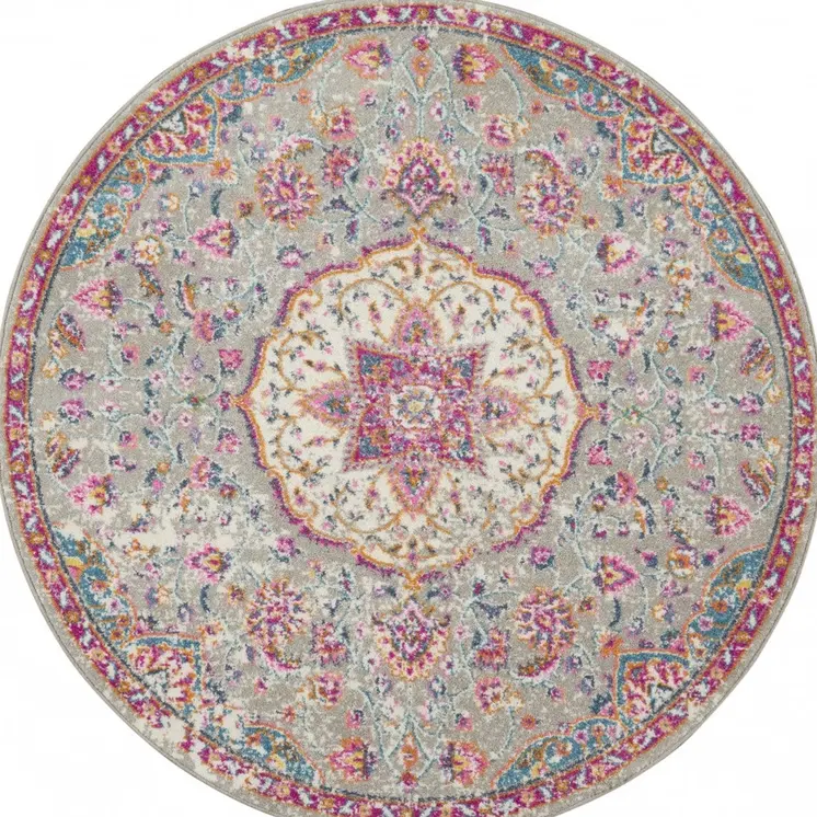 5' Gray And Pink Medallion Round Rug
