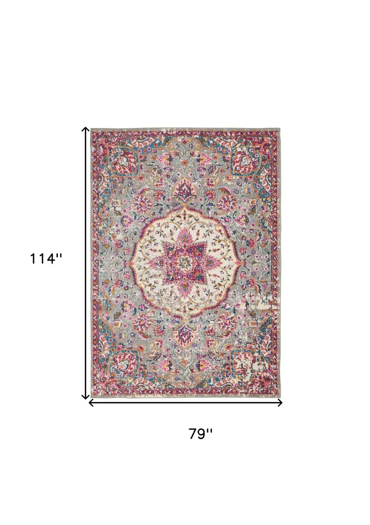 7' X 10' Gray And Ivory Medallion Area Rug