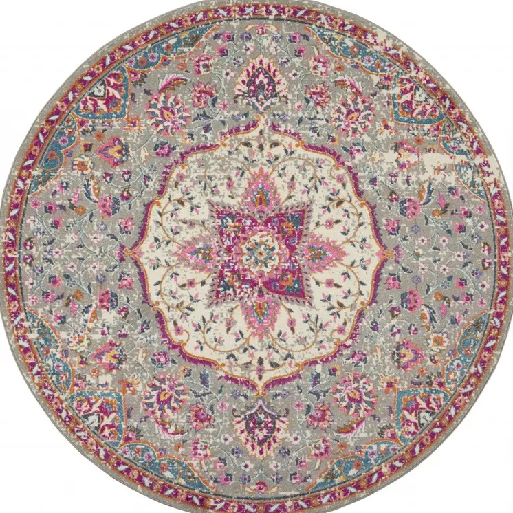8' Gray And Ivory Medallion Round Rug