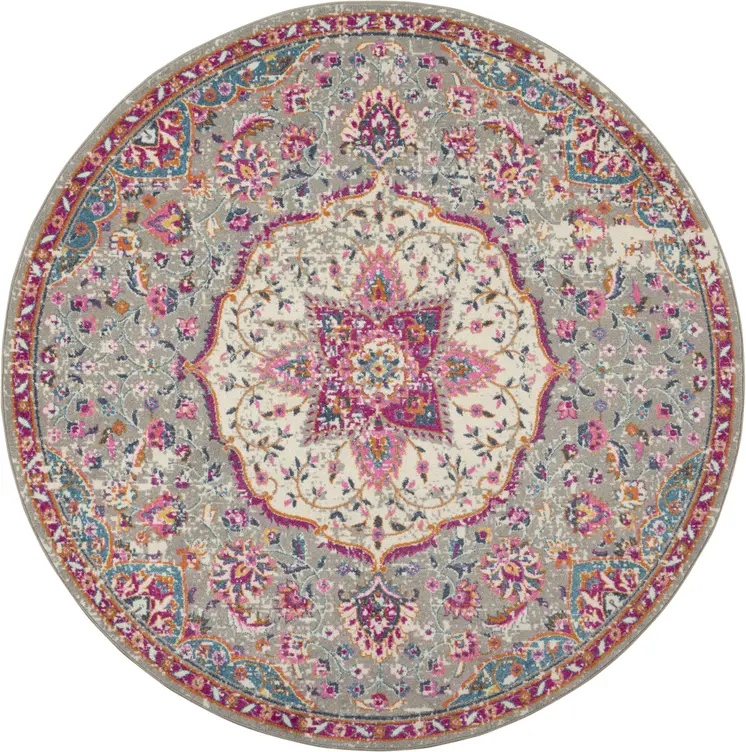 8' Gray And Ivory Medallion Round Rug