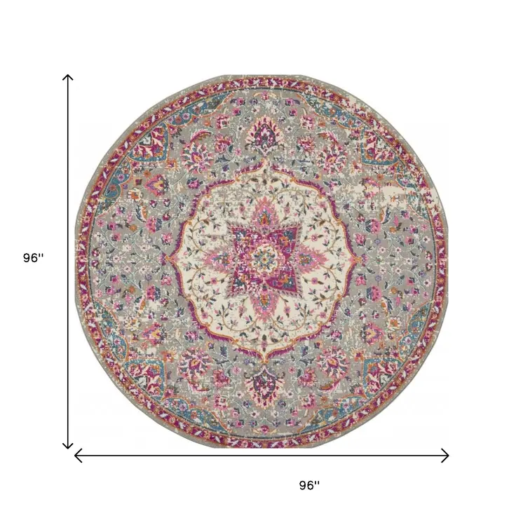 8' Gray And Ivory Medallion Round Rug
