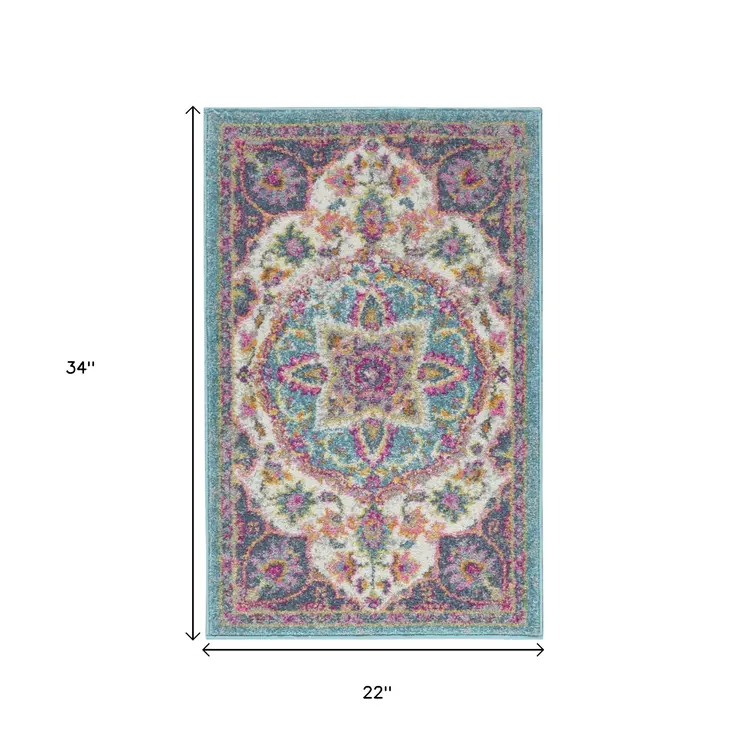 2' X 3' Ivory And Blue Medallion Area Rug