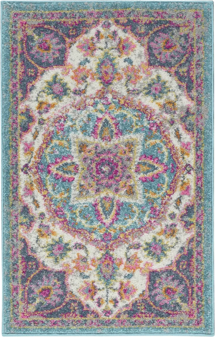 2' X 3' Ivory And Blue Medallion Area Rug