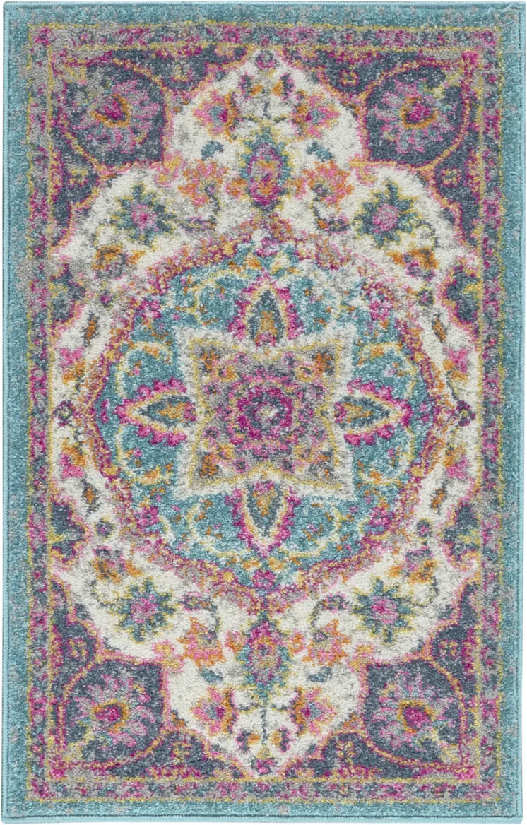 2' X 3' Ivory And Blue Medallion Area Rug