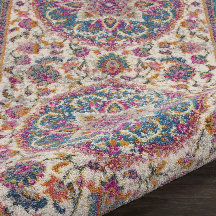 8' Ivory And Blue Medallion Runner Rug