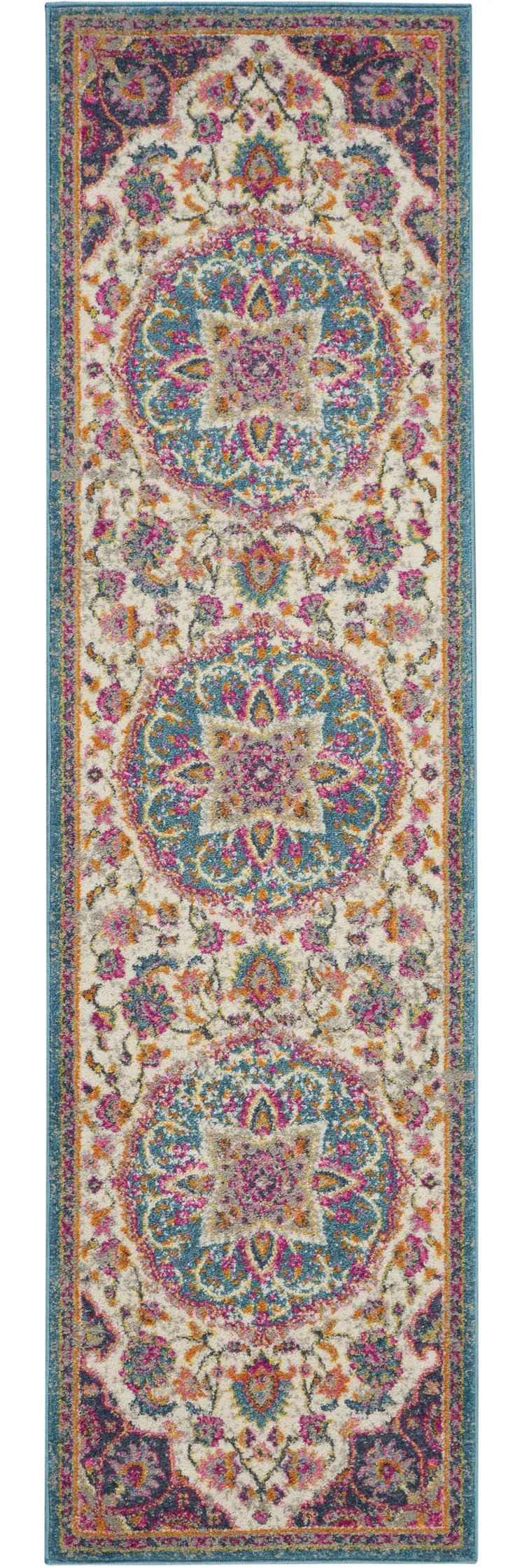 8' Ivory And Blue Medallion Runner Rug