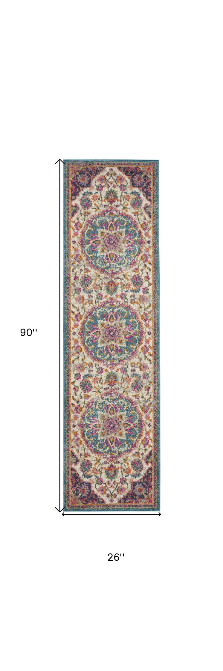 8' Ivory And Blue Medallion Runner Rug