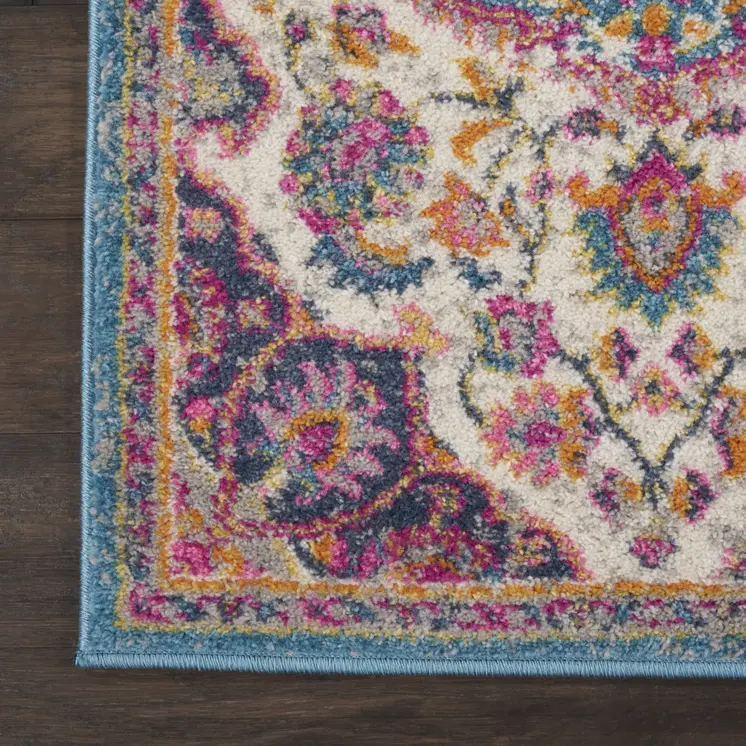8' Ivory And Blue Medallion Runner Rug