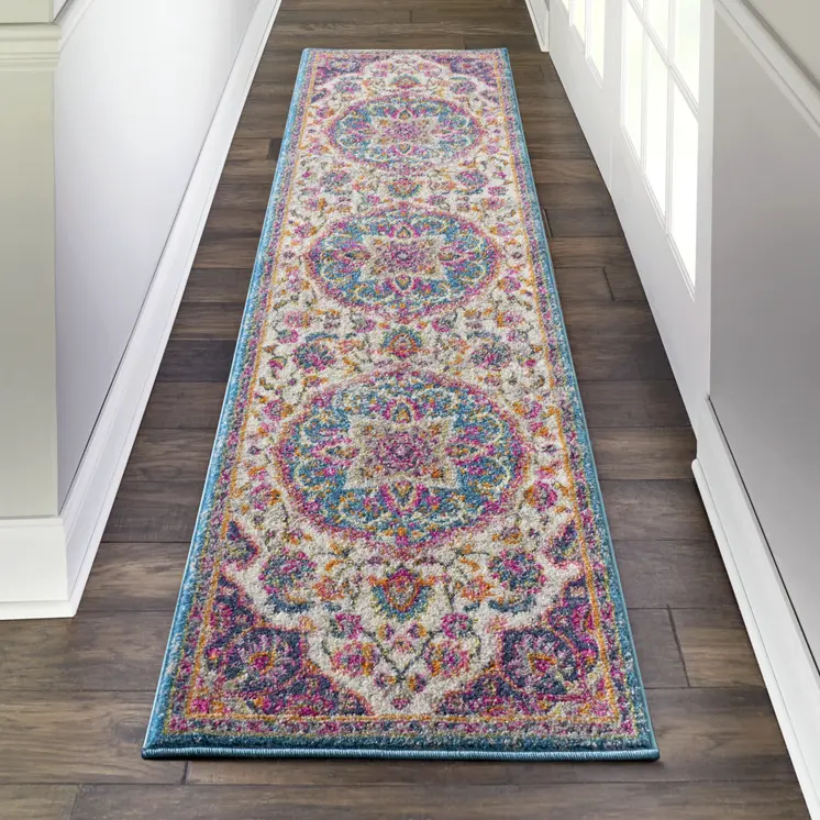 8' Ivory And Blue Medallion Runner Rug