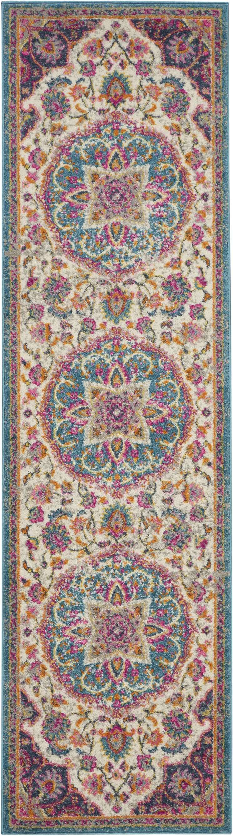 8' Ivory And Blue Medallion Runner Rug