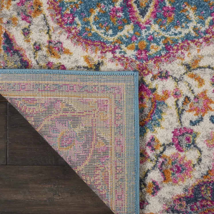 8' Ivory And Blue Medallion Runner Rug