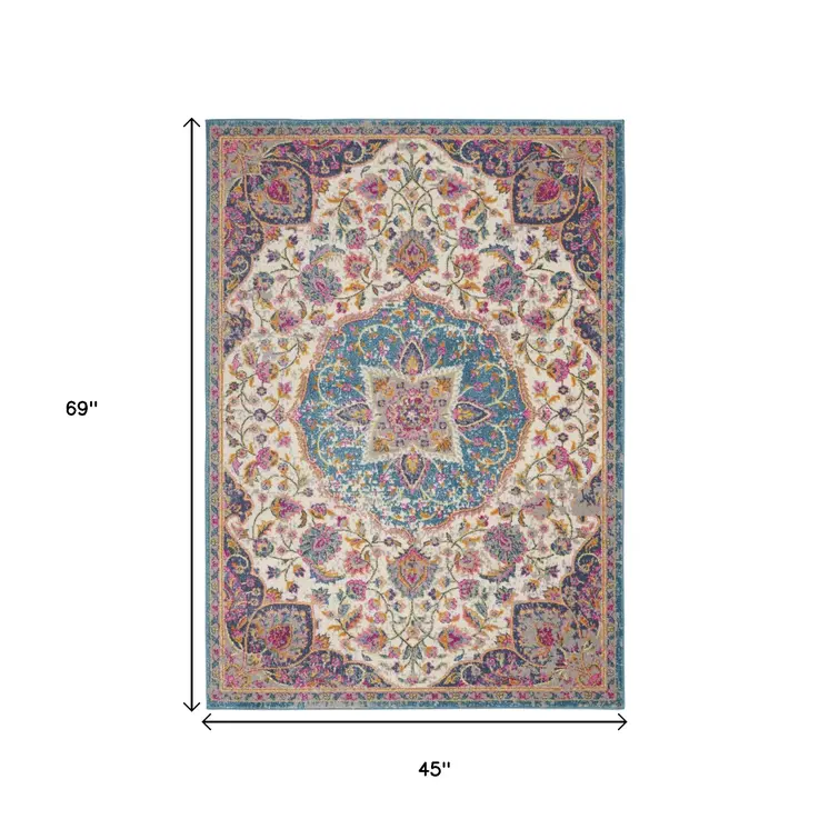 4' X 6' Ivory And Blue Medallion Area Rug