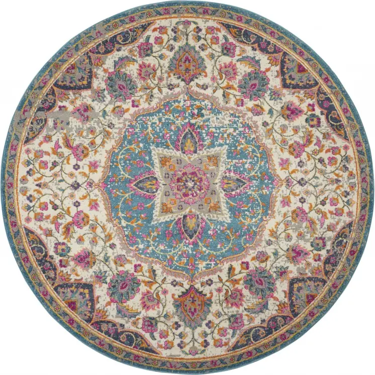 4' Ivory And Blue Medallion Round Rug