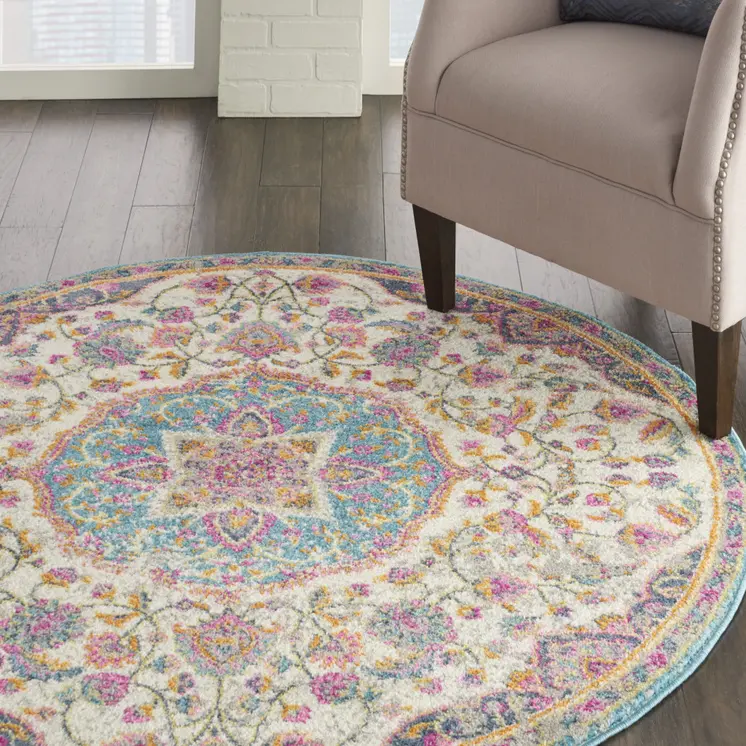 4' Ivory And Blue Medallion Round Rug