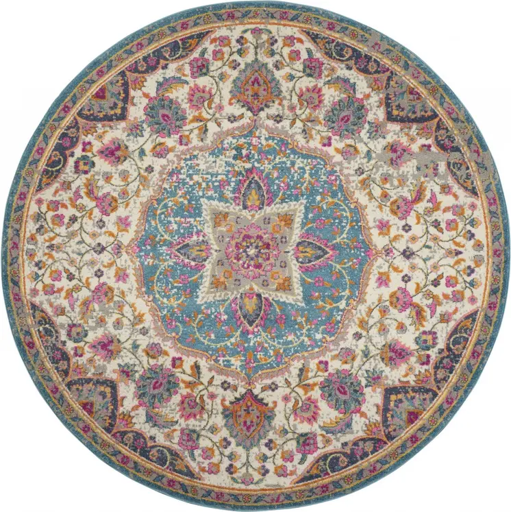 4' Ivory And Blue Medallion Round Rug