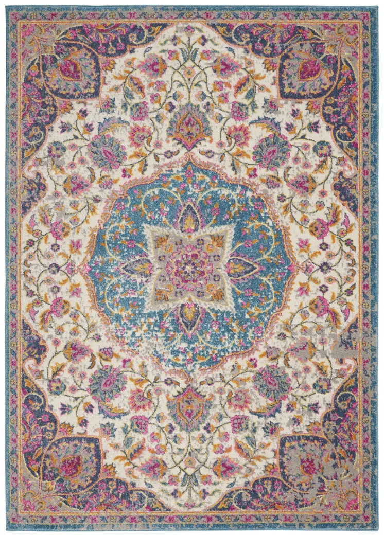 5' X 7' Ivory And Blue Medallion Area Rug